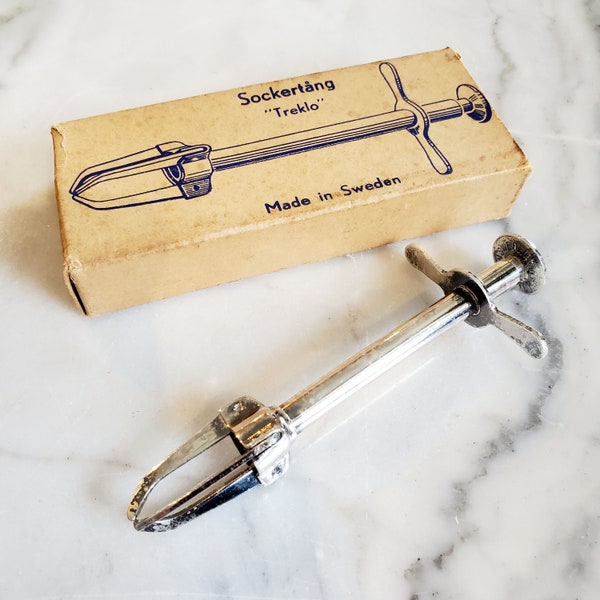 Swedish Silver Plated Vintage Sugar Cube Tongs In Original Box, Sockertang "Treklo"