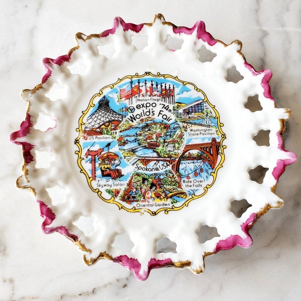 Expo '74 World's Fair Souvenir Plate, Spokane USA, Reticulated Porcelain Plate