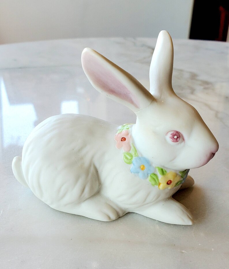 Vintage Lefton Bunny Figurine, Hand Painted Ceramic White Rabbit, 1987