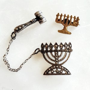 Two Menorah Pins, BBG Sterling Silver With Marcasite Menorah & Gavel N’siah Pin, Brass Menorah Pin