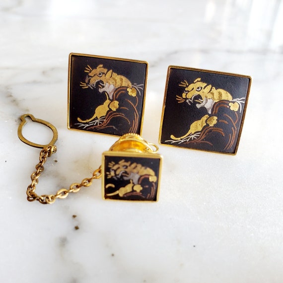 Tiger Damascene Cufflinks & Tie Tack Marked Amita… - image 1