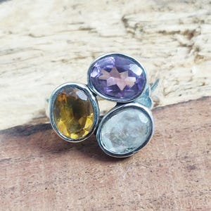 Multi Gemstone Ring, Sterling Silver Ring, Women Ring, citrine Ring, Amythest Ring,