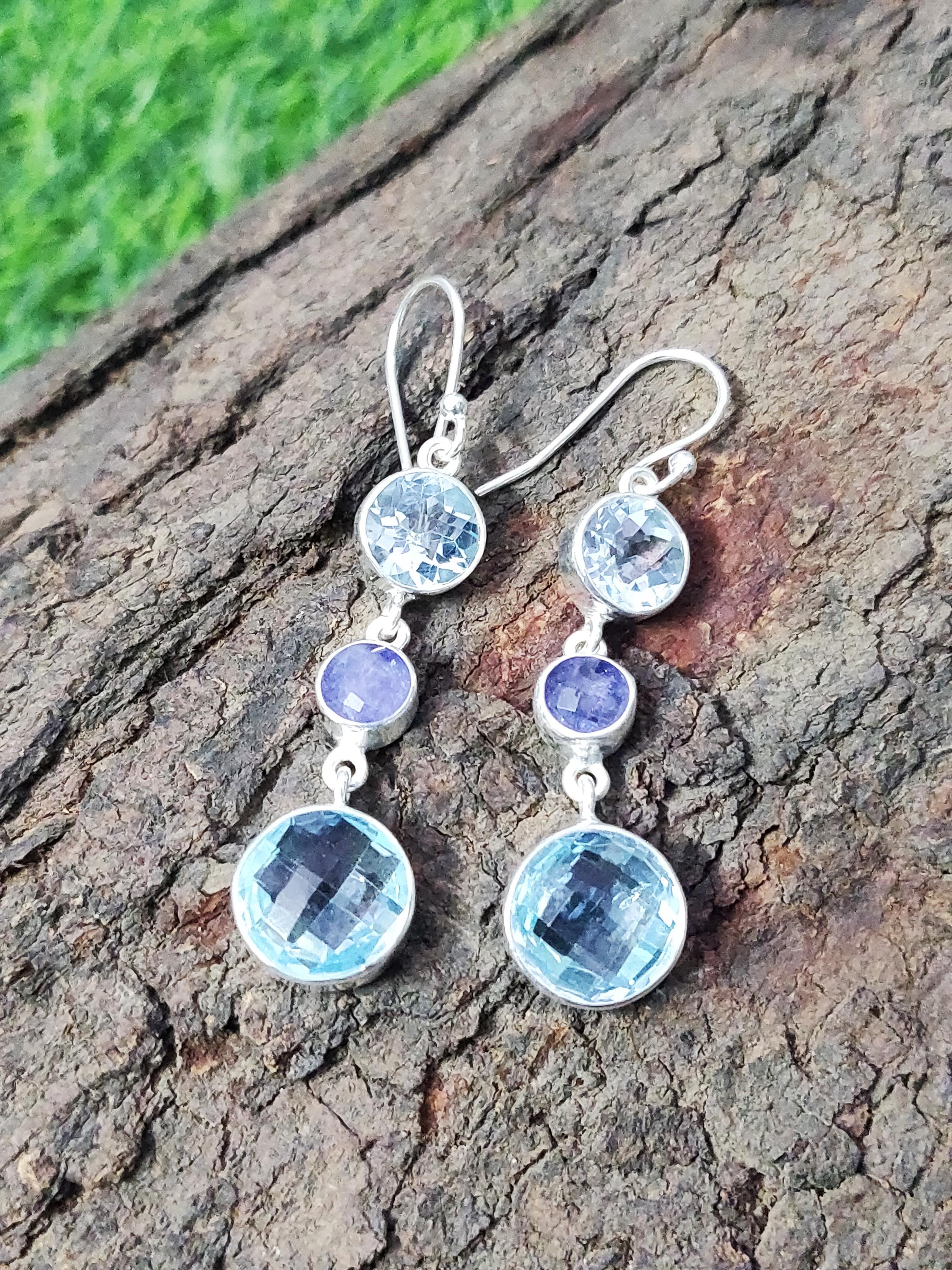 Boucles D'oreilles Anciennes - Topaze, Tanzanite, Améthyste - Or Rose Et Argent Massif - Occasion