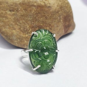 Carved Green Jade Sterling Silver Ring: Large Gemstone Ring