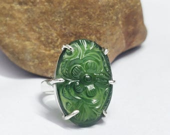 Carved Green Jade Sterling Silver Ring,Green jade Silver Ring, Women Ring, Sterling Silver Ring