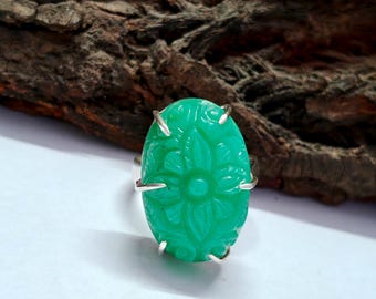 Anel de crisoprásio deslumbrante, anel de crisoprásio esculpido, anel de prata, anel feminino, joia de prata