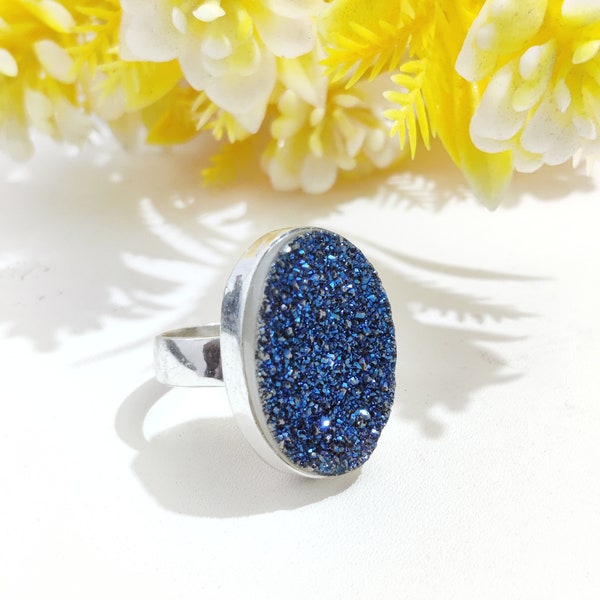 Titanium Drusy Silver 925 Handmade Ring , Blue Drusy Silver Ring , Drusy Ring , silver Ring , women Ring ,Girl Ring , Gemstone Silver Ring