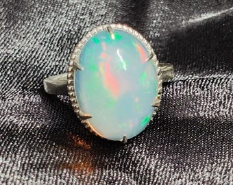 Natural Opal Sterling Silver Ring: Natural Opal Gemstone Ring  (16x12 MM)