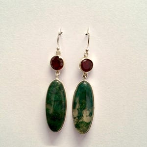 Moss Agate Garnet Earrings,Moss Agate Silver Earrings,Women Earrings, Gemstone Earrings, Sterling silver Earrings
