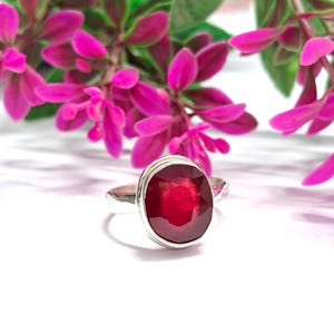 May include: A silver ring with a large, oval-cut, deep red gemstone. The ring is set against a backdrop of pink flowers and green leaves, creating a vibrant contrast. The gemstone is the focal point, showcasing its rich color and reflective qualities.