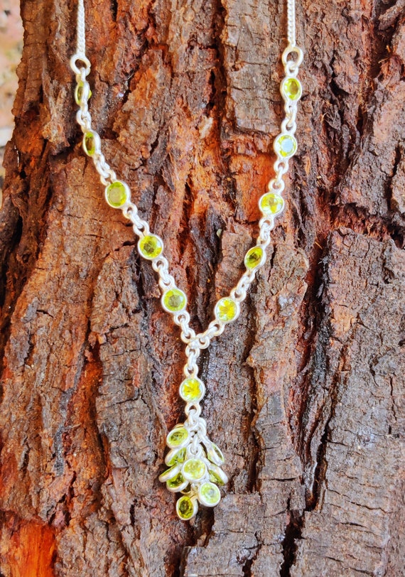 Collier Argent 925 Avec Péridot Vert - Longueur 18 Pouces Réglable - Fait Main En Inde