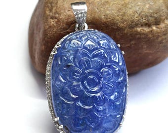 Lovely Tanzanite And Diamonds Pendant,Carved Tanzanite Pendant, Sterling Silver Pendant,Women Pendant,Diamond Silver Pendant