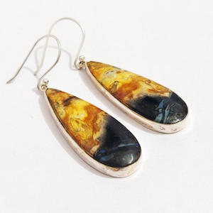 May include: A pair of silver dangle earrings with teardrop-shaped stones. The stones are a mix of yellow, orange, black, and blue.