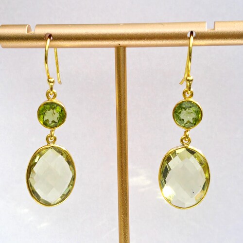 Boucles d'oreilles en quartz citron et péridot, boucle d'oreille en argent plaqué or, boucles d'oreilles pour femme, boucle d'oreille en quartz citron
