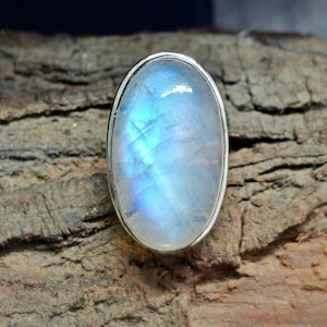 Grote maansteenring, maansteen zilveren ring, damesring, sterlingzilveren ring, regenboog maansteenring