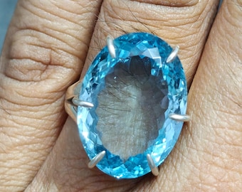 Natural Blue Topaz Sterling Silver Ring,Blue Topaz Silver Ring,Swiss Topaz Ring,Large Topaz Ring,Women Ring