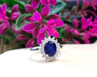 Blue Sapphire & White Topaz Ring, Blue Sapphire Sterling Silver 925 Ring, Women Ring