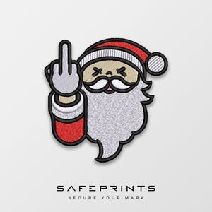 May include: A red and white embroidered patch of Santa Claus giving the middle finger. The patch has a white beard and black outlines.