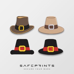 May include: Four different styles of pilgrim hats with buckles. The hats are brown, beige, and black with red and gold accents.