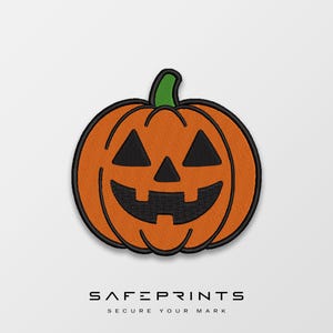 May include: Embroidered orange pumpkin patch with a black face and a green stem. The patch has a black border and is set against a white background. The text "SAFEPRINTS SECURE YOUR MARK" is at the bottom.