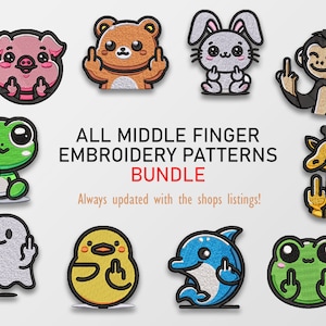 May include: A set of 10 embroidery patterns featuring various cartoon animals giving the middle finger. The patterns are all in a cute, cartoon style and are perfect for adding a touch of humor to your projects.