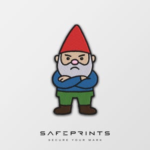 May include: Embroidered patch featuring an angry gnome with a red hat, white beard, blue shirt, and green pants. The gnome has crossed arms and a stern expression. The patch has a black border and is set against a white background.