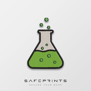 May include: Embroidered patch featuring a green liquid-filled Erlenmeyer flask with green bubbles. The flask has a black outline and a beige neck. The text "SAFEPRINTS SECURE YOUR MARK" is below the flask.