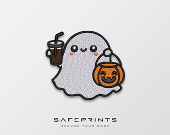 Ghost with Coffee & Pumpkin Embroidery Design (4 Sizes) (Digital File)