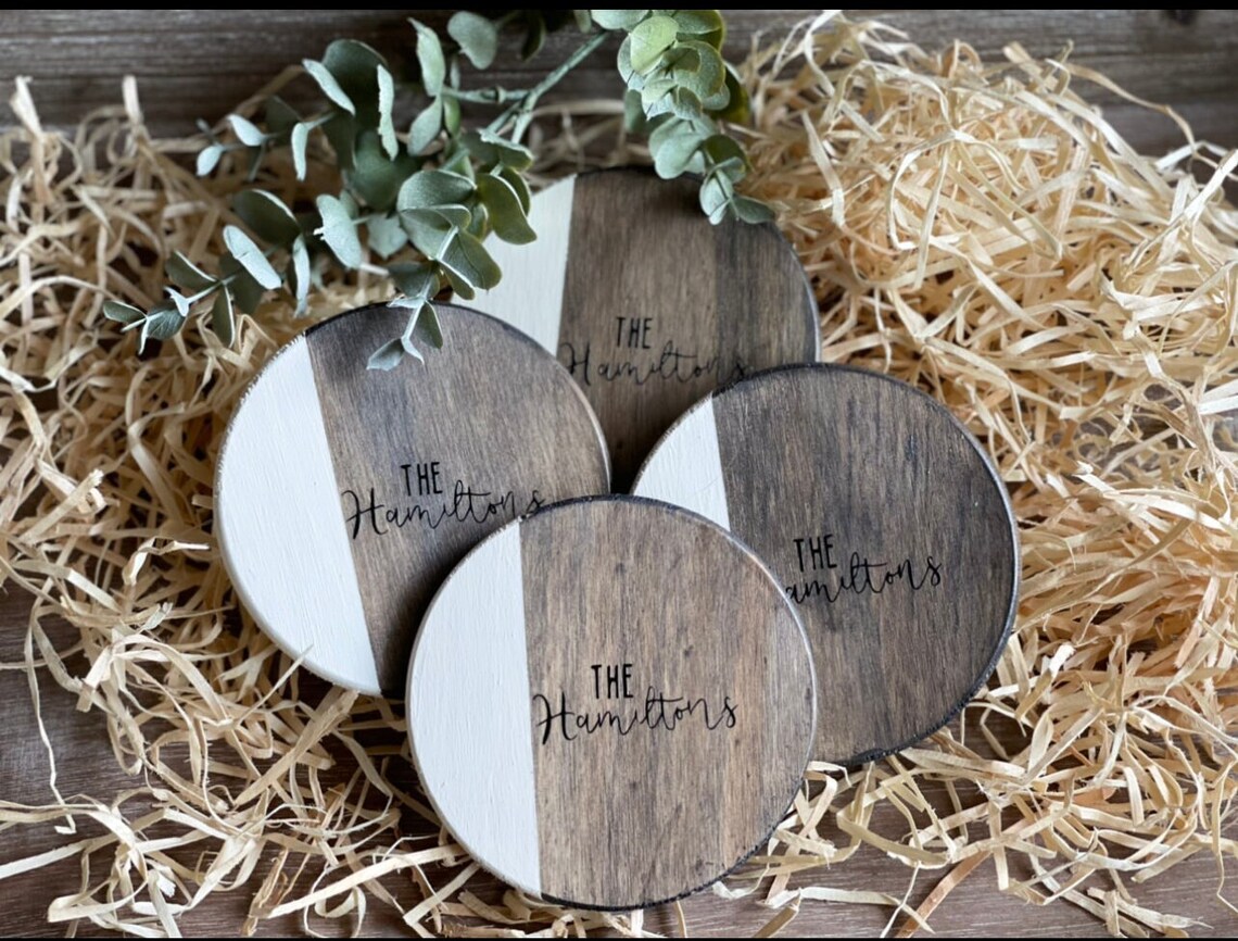 Personalized Coasters Set of 4 Wood and hand painted vinyl Etsy