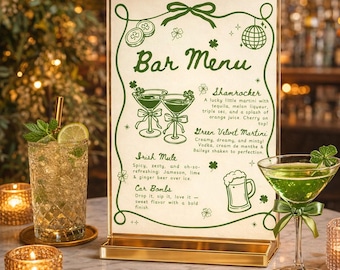 聖パトリックデーのバーメニューテンプレート、編集可能なドリンクメニュー、アイリッシュパーティーバーサイン｜印刷可能なカクテルメニュー｜すぐにダウンロード｜Canvaテンプレート