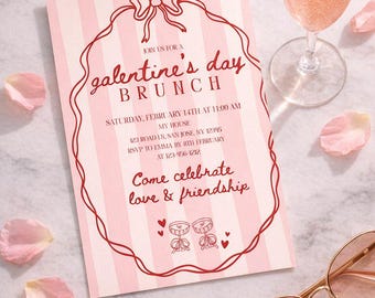 ガレンタインデー ブランチ招待状、ピンクのストライプ、Canva テンプレート (デジタルダウンロード)