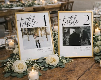 写真付きカスタムウェディングテーブルナンバー - 編集可能なCanvaテンプレート - デジタルダウンロード