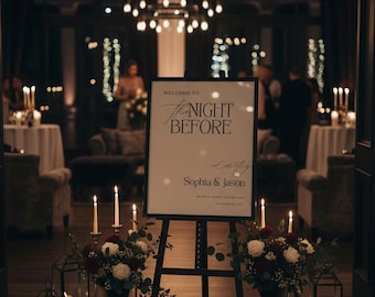 「前夜」ウェルカムサインテンプレート、リハーサルディナー、モダンデザイン（Canva、印刷可能なPDF）