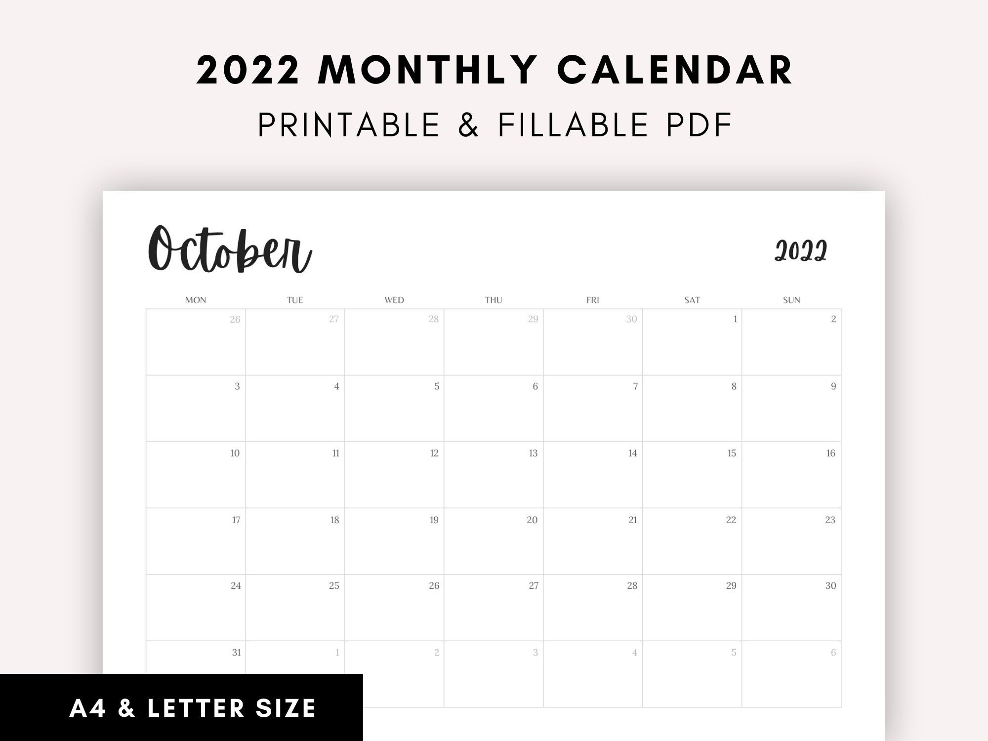 Printable 2022 Monthly Calendar Horizontal A4 Us Letter | Etsy