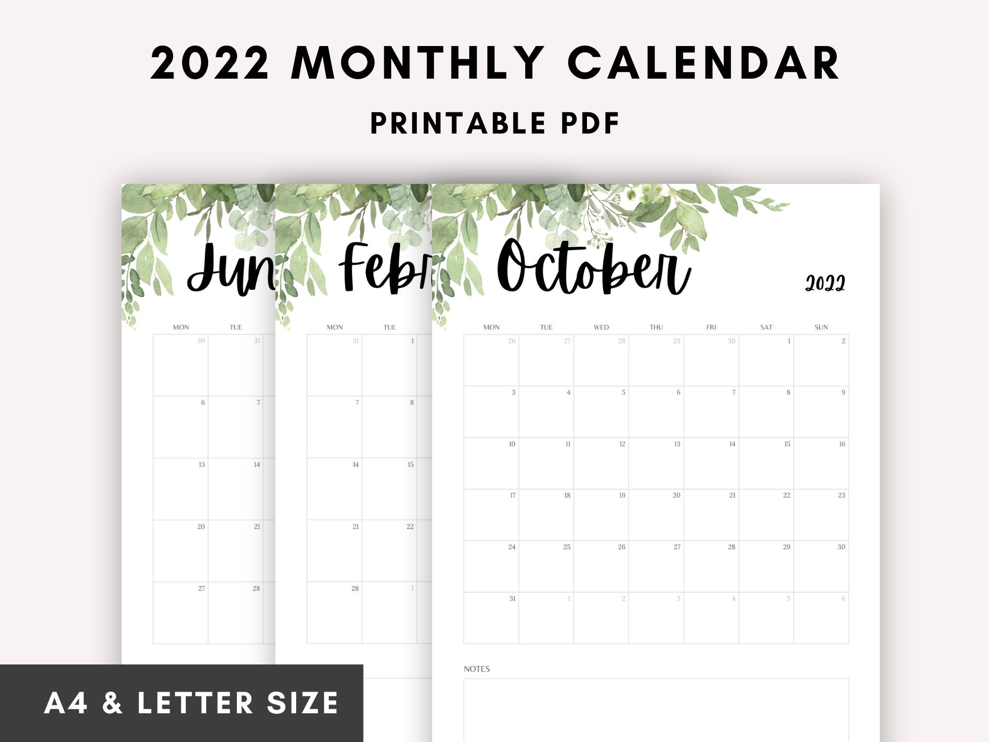 printable 2022 monthly calendar vertical a4 us letter size etsy canada