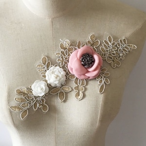 3D Floral Lace Applique, Pink Bridal Flower Appliques, Embroidered Sewing On Applique Crafts, Dress DIY Wedding Birthday Appliques