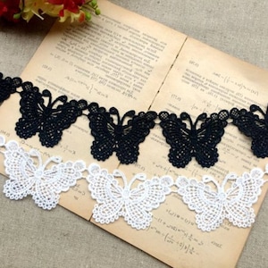 1 Yard Butterfly Lace Trim, White Black Lace Fabric, Crochet Polyester Embroidery Lace, Bridal Lace Trim, Wedding Dress Fabric 2‘’ Wide