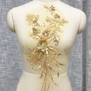 Gold Rhinestones Embroidered Appliques, Glitter Sequin Applique Patch, Big Size Floral Applique, Lace Flower Applique, Wedding Appliques