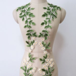 Groene bladeren geborduurde appliques, groot formaat bloemen applique patch, kant bloem applique ambachten, jurk DIY patches, bruiloft appliques