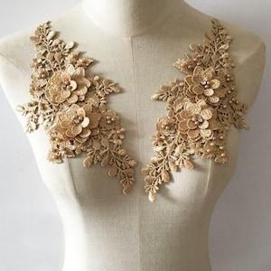 Gold Lace Applique, Beaded 3D Appliques, Lace Pair for Lyrical Dance, Lace Floral Pearl Applique Patch, Wedding Birthday Valentine Appliques