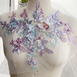 Purple & Aqua 3D Wedding Applique, Beaded For Lyrical Dance, Ballet, Bridal Bodice Appliques, Lace Floral Applique Patch, DIY Wedding Dress