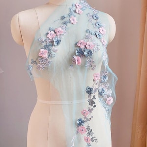 Blauw roze kralen kant appliqués, geborduurde bloemen appliqué patch, kant bloem stoffen ambachten, DIY trouwjurk stoffen, cadeau voor haar
