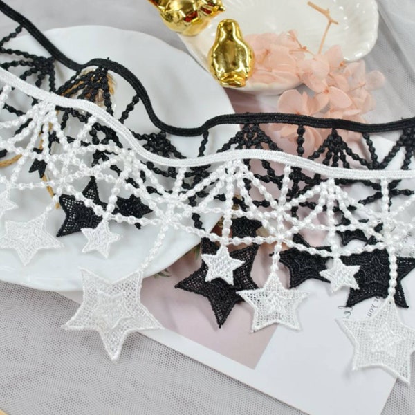 100 cm Star Lace Trim, Exquisite Alice Fringe Lace, White Black Embroidery Lace, Water Soluble Bridal Dress Fabric, Wedding 4.33'' Width