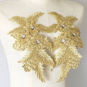 Aplique de strass com brilho dourado 3D, aplique de strass com lantejoulas brilhantes, enfeite de aplique de Veneza, remendo de cristal para vestido de baile