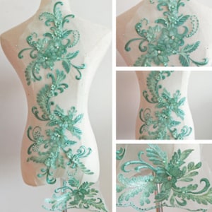 Green Beaded Floral Appliques, A Set of 3  Embroidery Applique Patch, Lace Flower Applique Crafts, 8 Colors to Choose, Wedding Appliques
