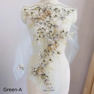 Forest Green Lace Appliques, Floral Embrodered Lace Applique, Green 3D Fabric Applique, Flower Bridal Dress Craft Applique, Wedding Applique