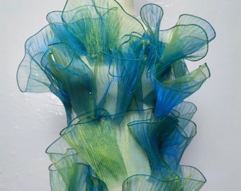 Blue Laser Pleated Organza Fabric, Ruffle One Yard Fabric, 15cm Wide 3D Folds Organza, Cutting Sheer Wave Lace Fabric, Wedding Prom Dress