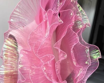 Pink Laser Pleated Organza Fabric, Ruffle One Yard Fabric, 15cm Wide 3D Folds Organza, Cutting Sheer Wave Lace Fabric, Wedding Prom Dress