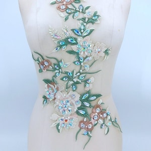 Green Leaves Rhinestones Appliques, Floral Beaded Applique Patch, Lace Flower Glitter Applique Crafts, Wedding Appliques, Dress DIY Patches