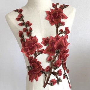 Red Flower Green Leaves Appliques, Gold Thread Magnolia Appliques, Large Patch Sewing Applique, Lace Embroidery Appliques, Wedding Supplies